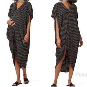 HATCH Black White Patterned V Neck Kaftan Maxi Dress O/S Made in New York